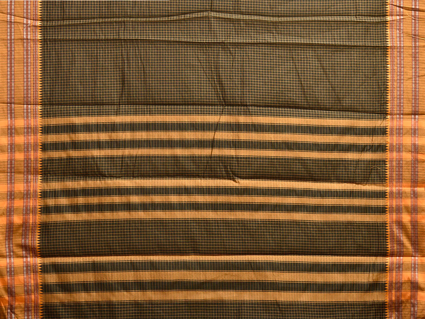 Dark Green and Mustard Bamboo Cotton Saree with Checks Design No Blouse bc0939