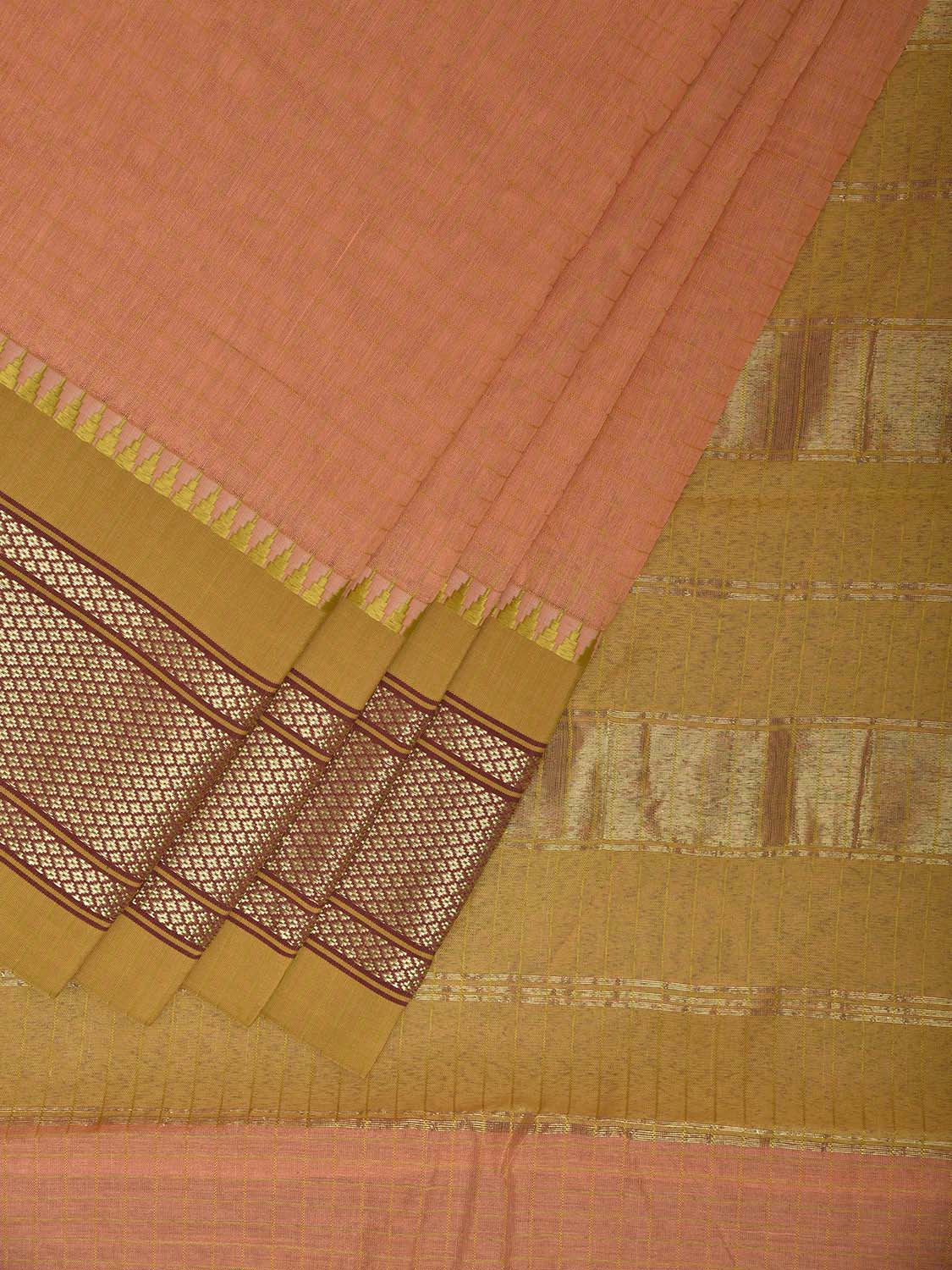 Peach and Lemon Green Bamboo Cotton Saree with Checks and Contrast Pallu Design No Blouse bc0940