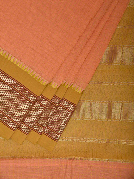 Peach and Lemon Green Bamboo Cotton Saree with Checks and Contrast Pallu Design No Blouse bc0940