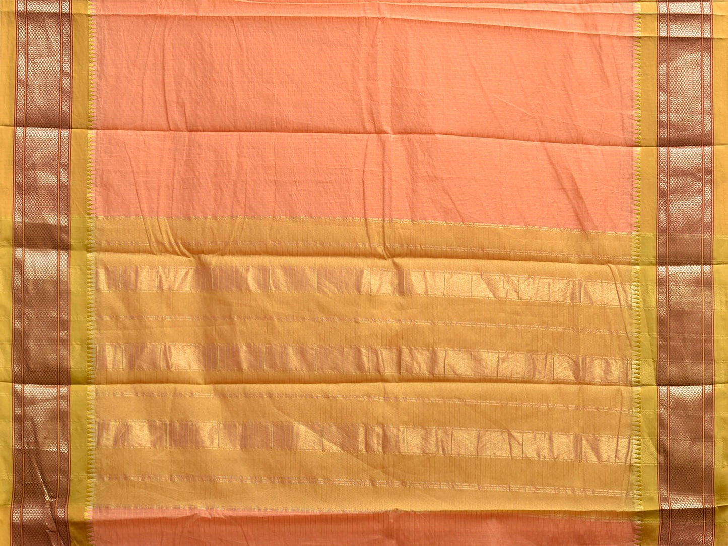 Peach and Lemon Green Bamboo Cotton Saree with Checks and Contrast Pallu Design No Blouse bc0940