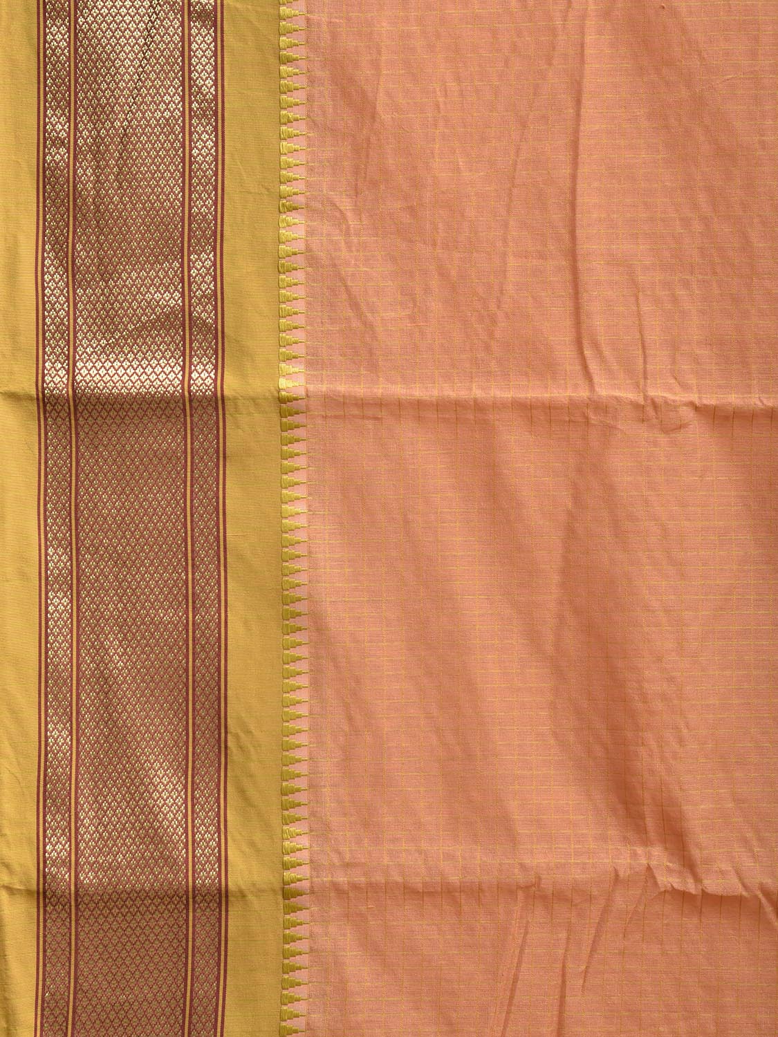 Peach and Lemon Green Bamboo Cotton Saree with Checks and Contrast Pallu Design No Blouse bc0940