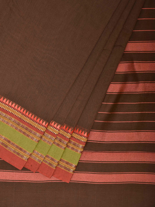 Dark Khaki and Peach Bamboo Cotton Plain Saree with Strips Pallu Design No Blouse bc0941