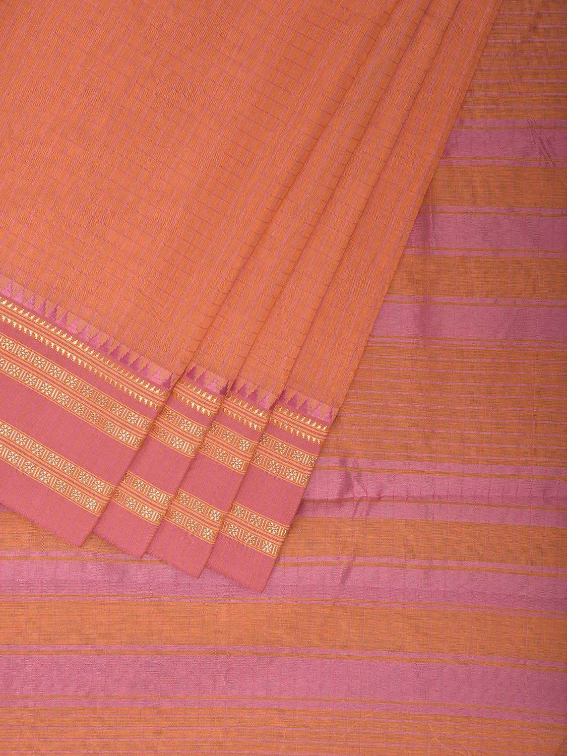 Light Orange and Pink Bamboo Cotton Saree with Checks Design No Blouse bc0942