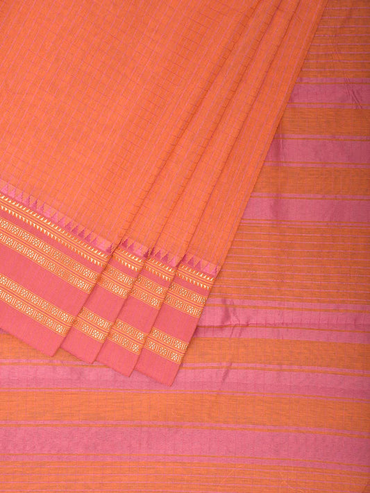 Light Orange and Pink Bamboo Cotton Saree with Checks Design No Blouse bc0942