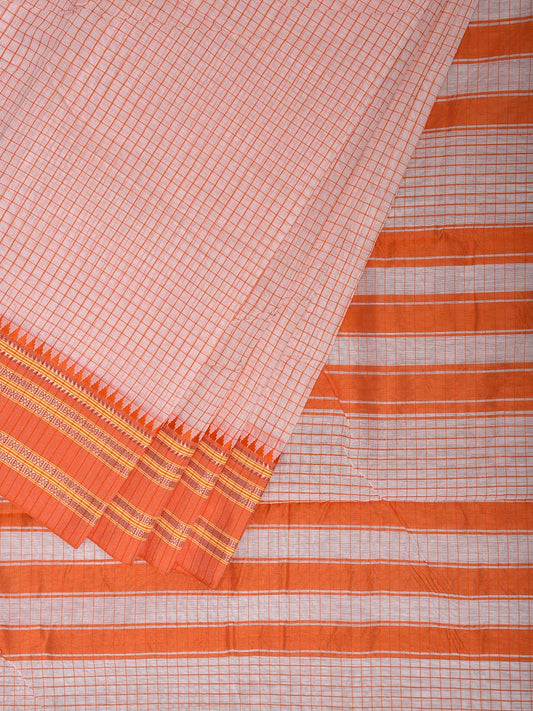White and Orange Bamboo Cotton Saree with Checks Design No Blouse bc0943