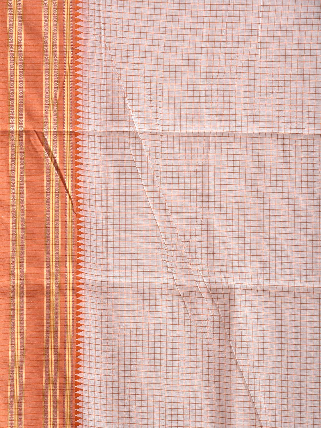 White and Orange Bamboo Cotton Saree with Checks Design No Blouse bc0943