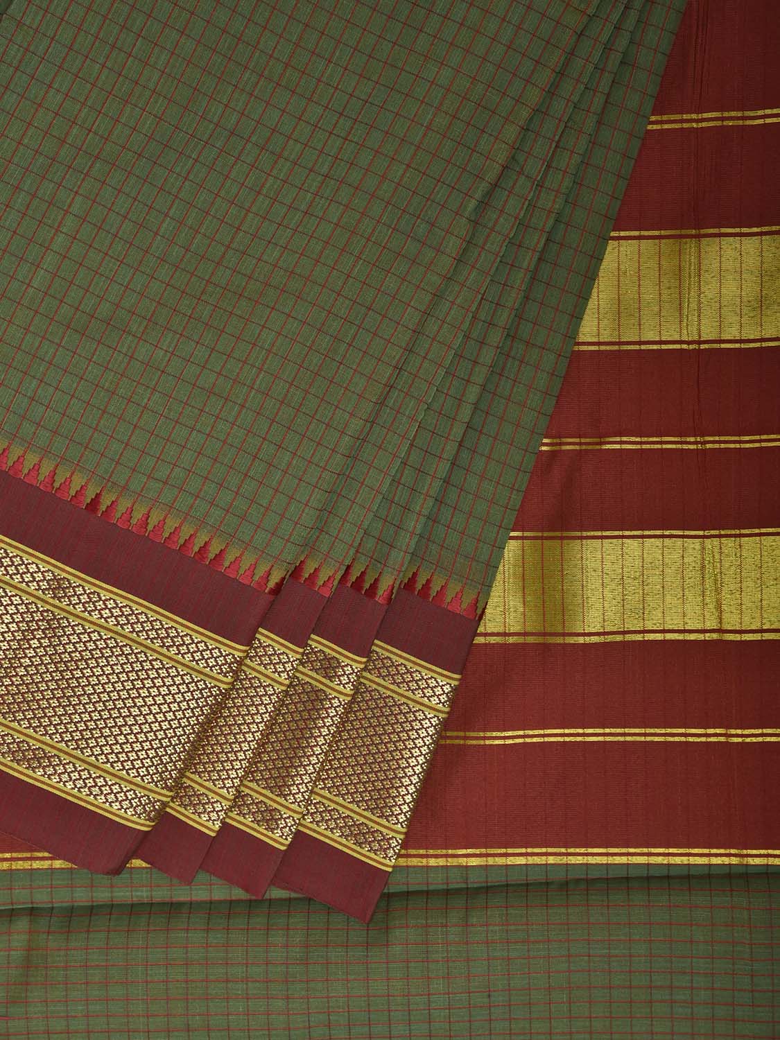 Green and Maroon Bamboo Cotton Saree with Checks Design No Blouse bc0944