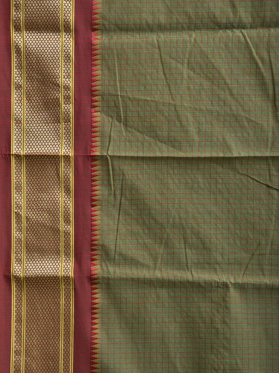 Green and Maroon Bamboo Cotton Saree with Checks Design No Blouse bc0944