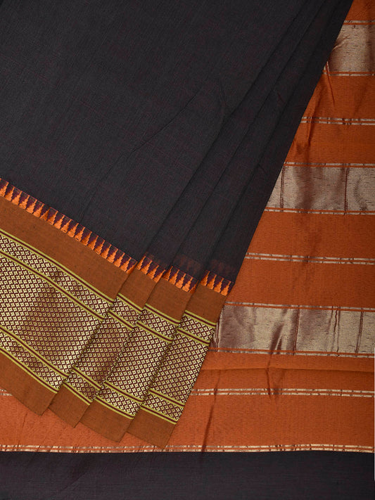Dark Grey and Fawn Bamboo Cotton Plain Saree with Contrast Pallu Design No Blouse bc0945
