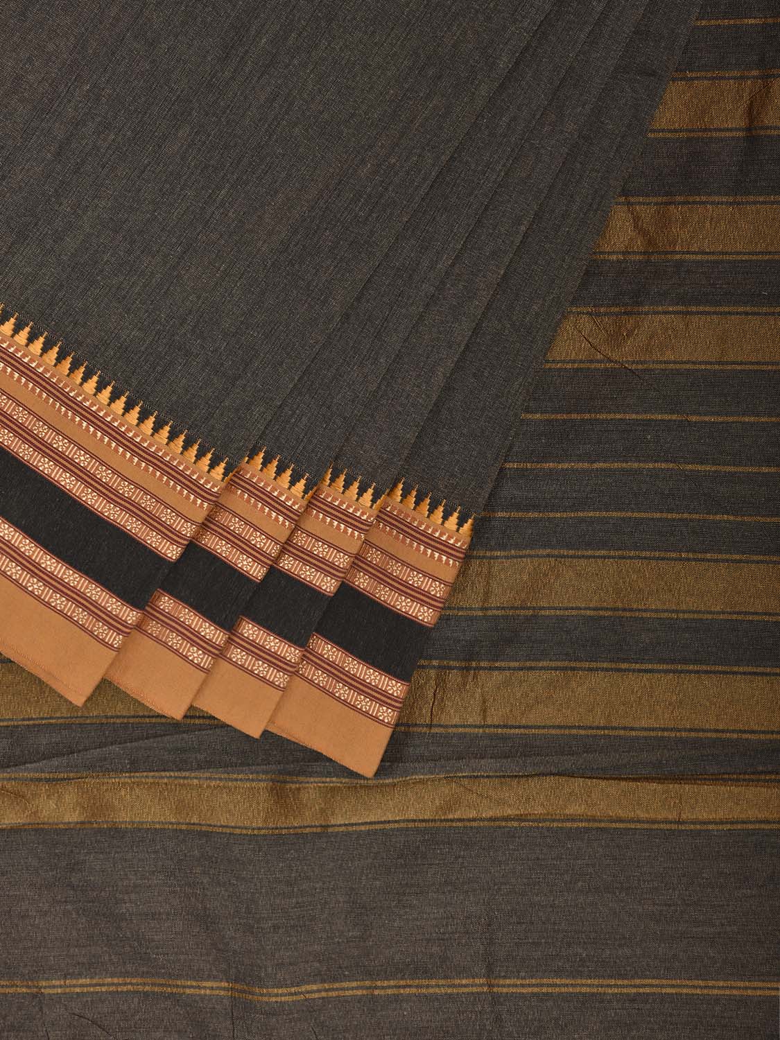 Dark Olive and Mustard Bamboo Cotton Plain Saree with Strips Pallu Design No Blouse bc0946