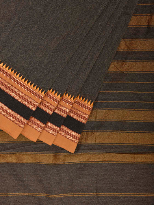 Dark Olive and Mustard Bamboo Cotton Plain Saree with Strips Pallu Design No Blouse bc0946