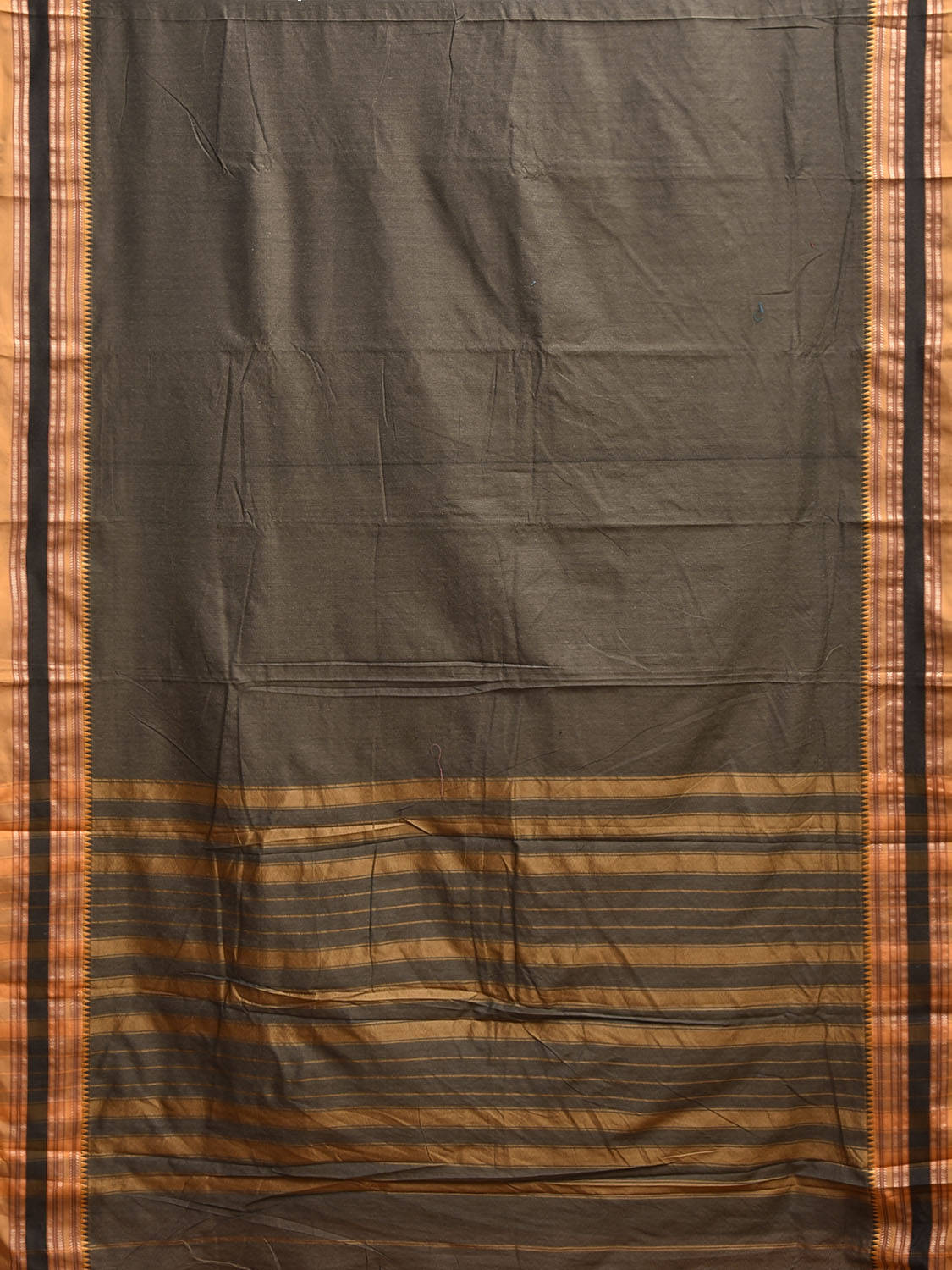 Dark Olive and Mustard Bamboo Cotton Plain Saree with Strips Pallu Design No Blouse bc0946