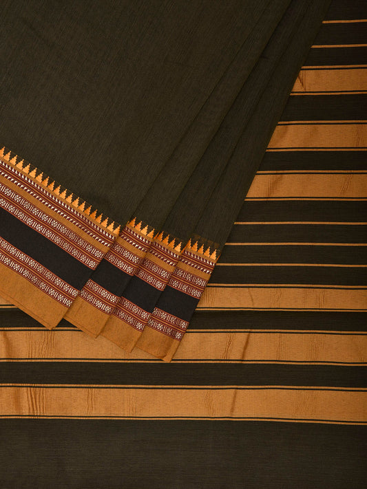Dark Olive and Mustard Bamboo Cotton Plain Saree with Strips Pallu Design No Blouse bc0948