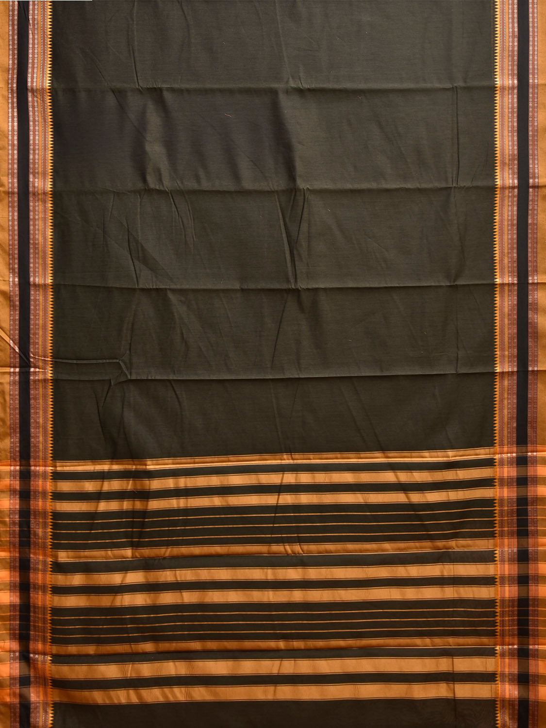 Dark Olive and Mustard Bamboo Cotton Plain Saree with Strips Pallu Design No Blouse bc0948