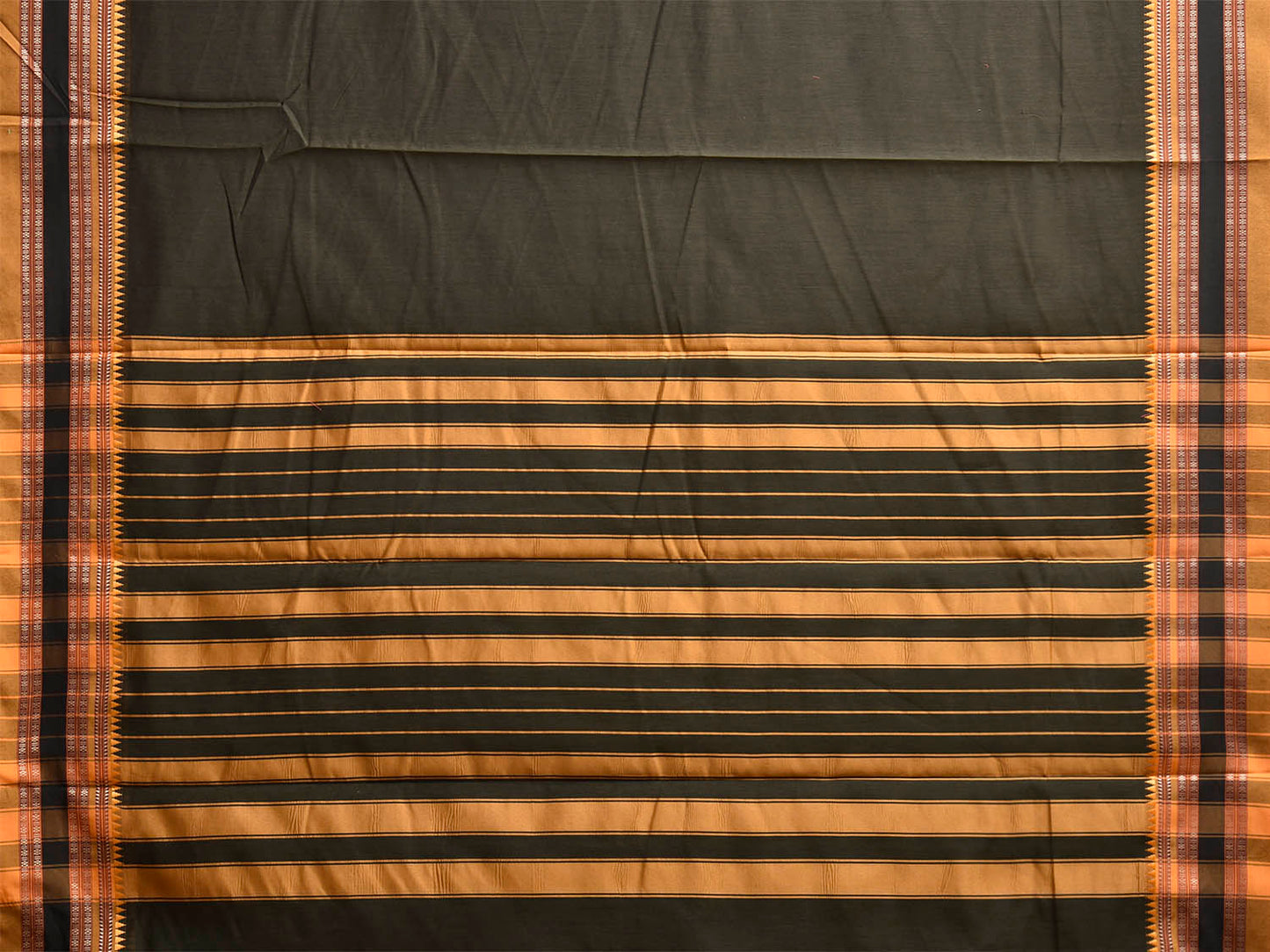 Dark Olive and Mustard Bamboo Cotton Plain Saree with Strips Pallu Design No Blouse bc0948