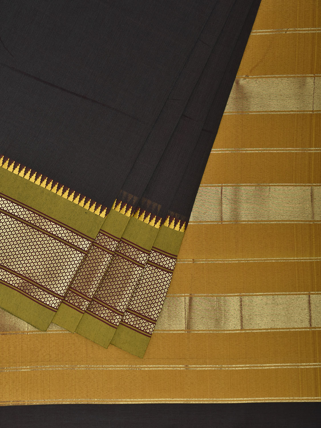 Dark Grey and Lemon Green Bamboo Cotton Plain Saree with Contrast Pallu Design No Blouse bc0949