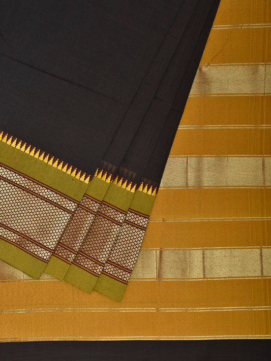 Dark Grey and Lemon Green Bamboo Cotton Plain Saree with Contrast Pallu Design No Blouse bc0949