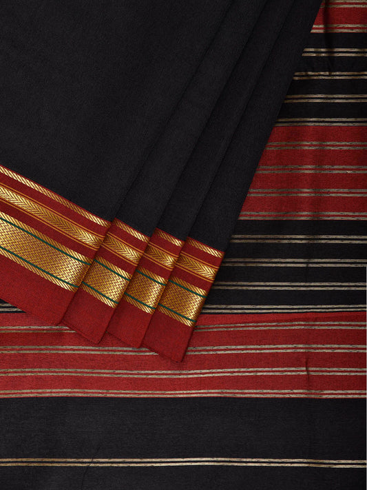 Black and Red Bamboo Cotton Viscose Silk Plain Saree with Strips Pallu Design No Blouse bc0950