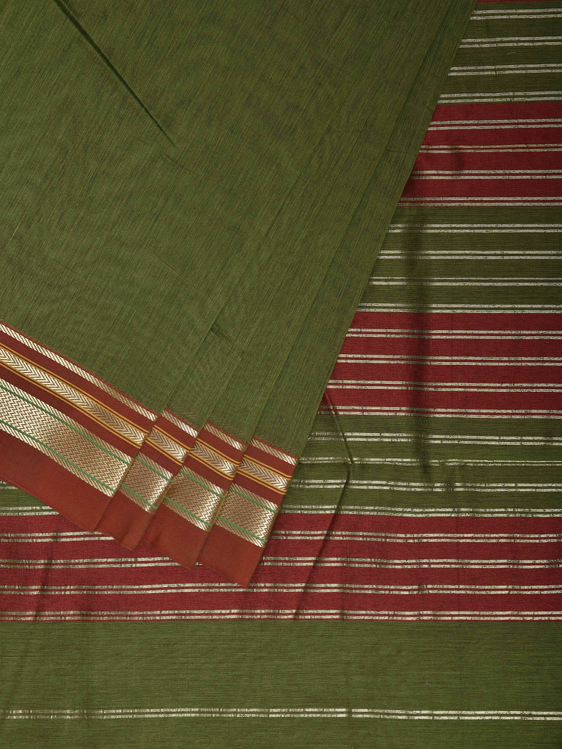 Olive and Red Bamboo Cotton Viscose Silk Plain Saree with Strips Pallu Design No Blouse bc0951
