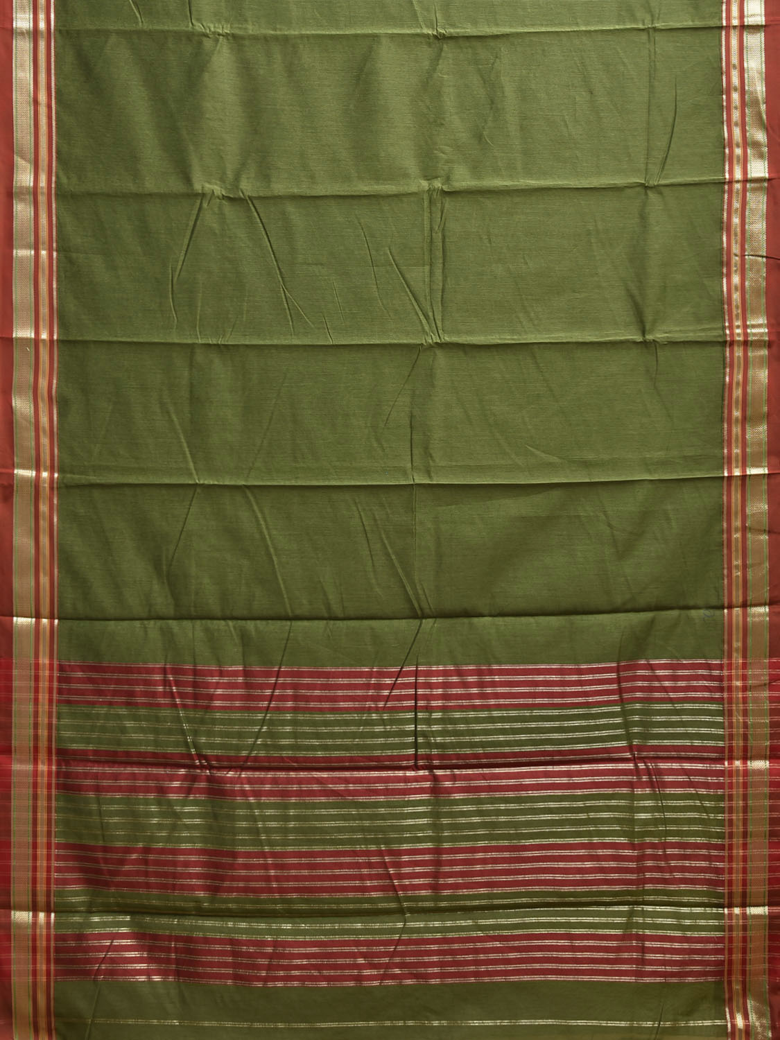 Olive and Red Bamboo Cotton Viscose Silk Plain Saree with Strips Pallu Design No Blouse bc0951