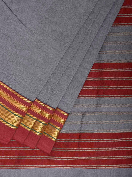 Grey and Red Bamboo Cotton Viscose Silk Plain Saree with Strips Pallu Design No Blouse bc0952