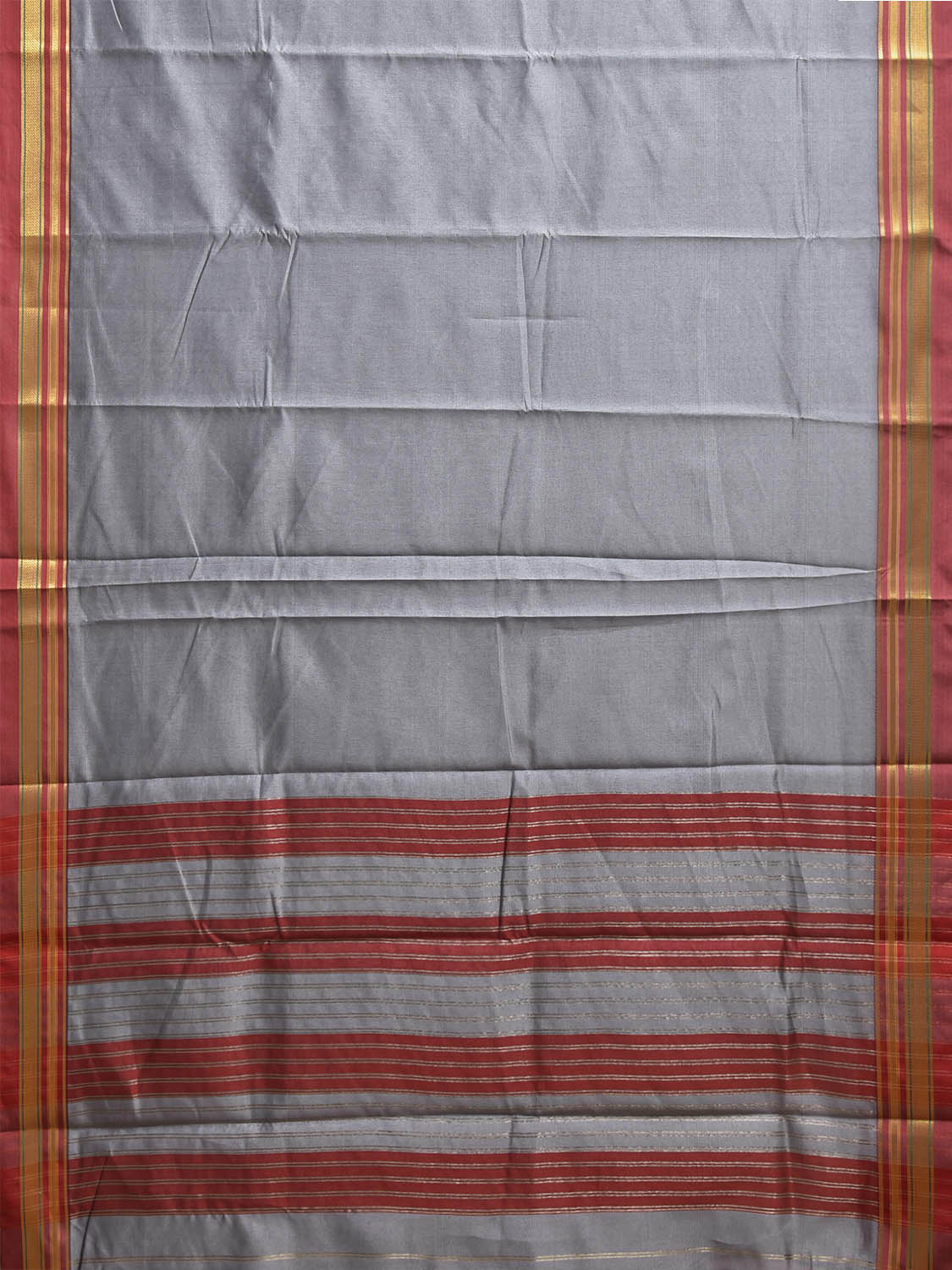 Grey and Red Bamboo Cotton Viscose Silk Plain Saree with Strips Pallu Design No Blouse bc0952