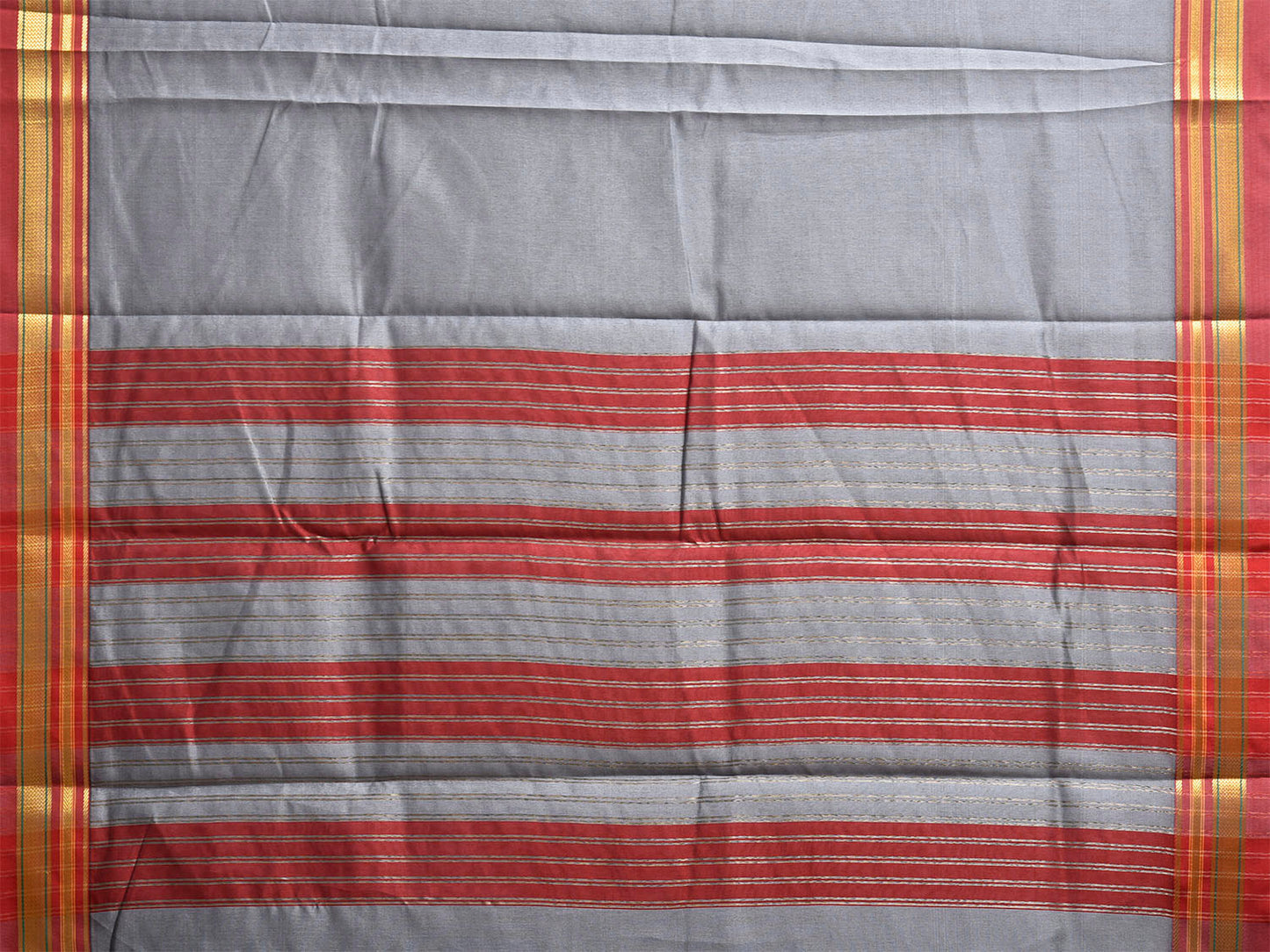 Grey and Red Bamboo Cotton Viscose Silk Plain Saree with Strips Pallu Design No Blouse bc0952