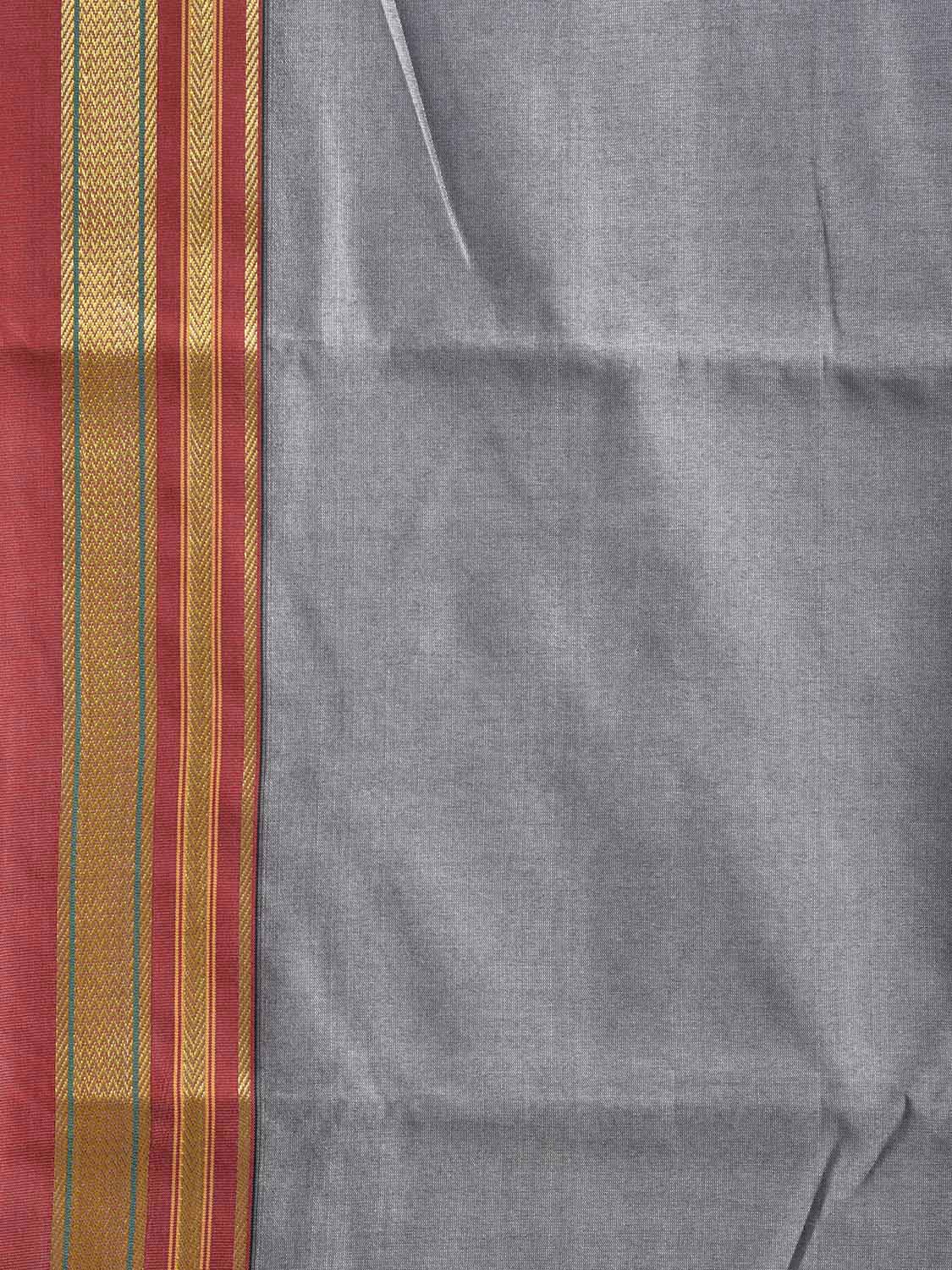 Grey and Red Bamboo Cotton Viscose Silk Plain Saree with Strips Pallu Design No Blouse bc0952