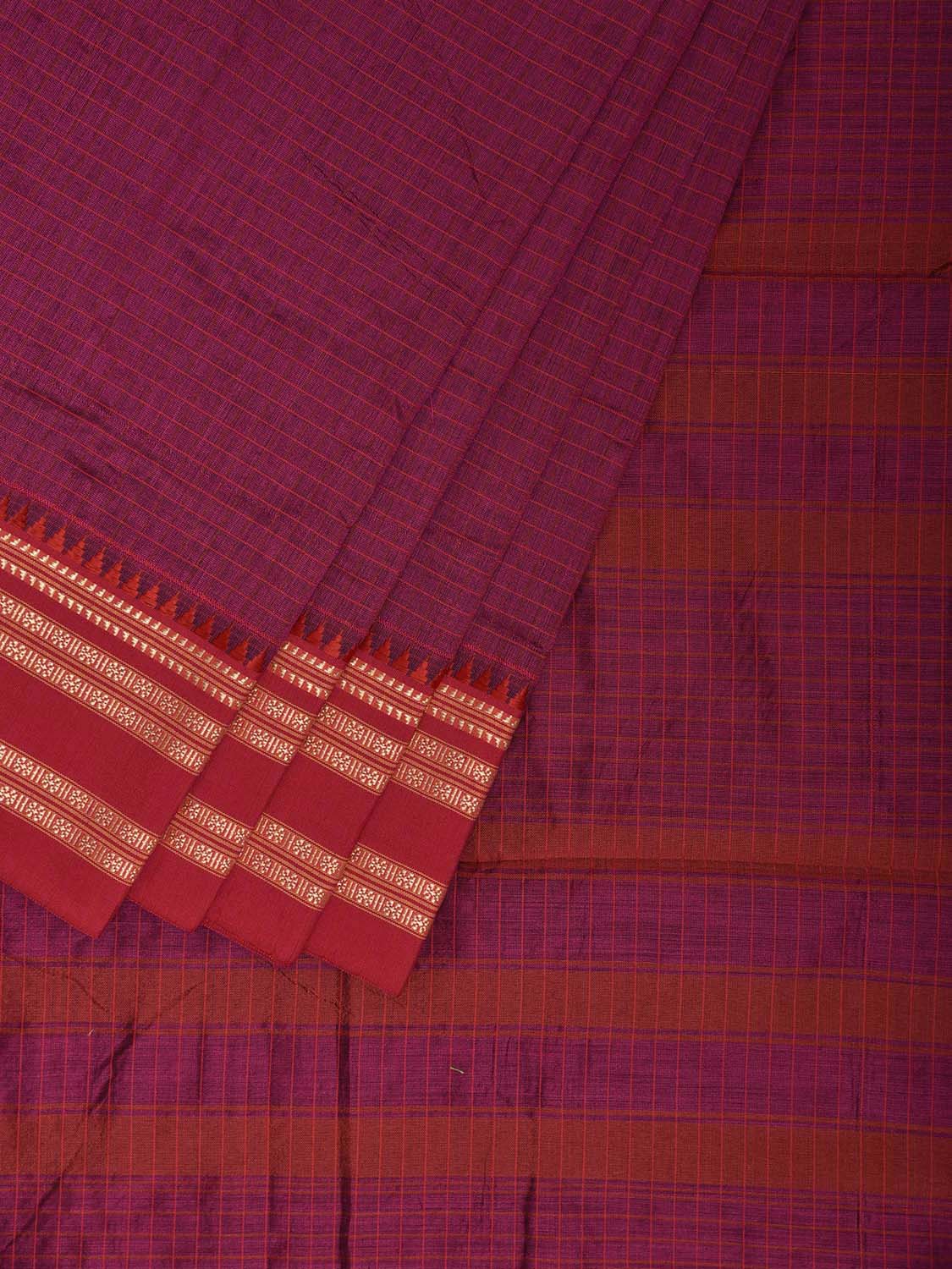 Magenta and Red Bamboo Cotton Saree with Checks Design No Blouse bc0953