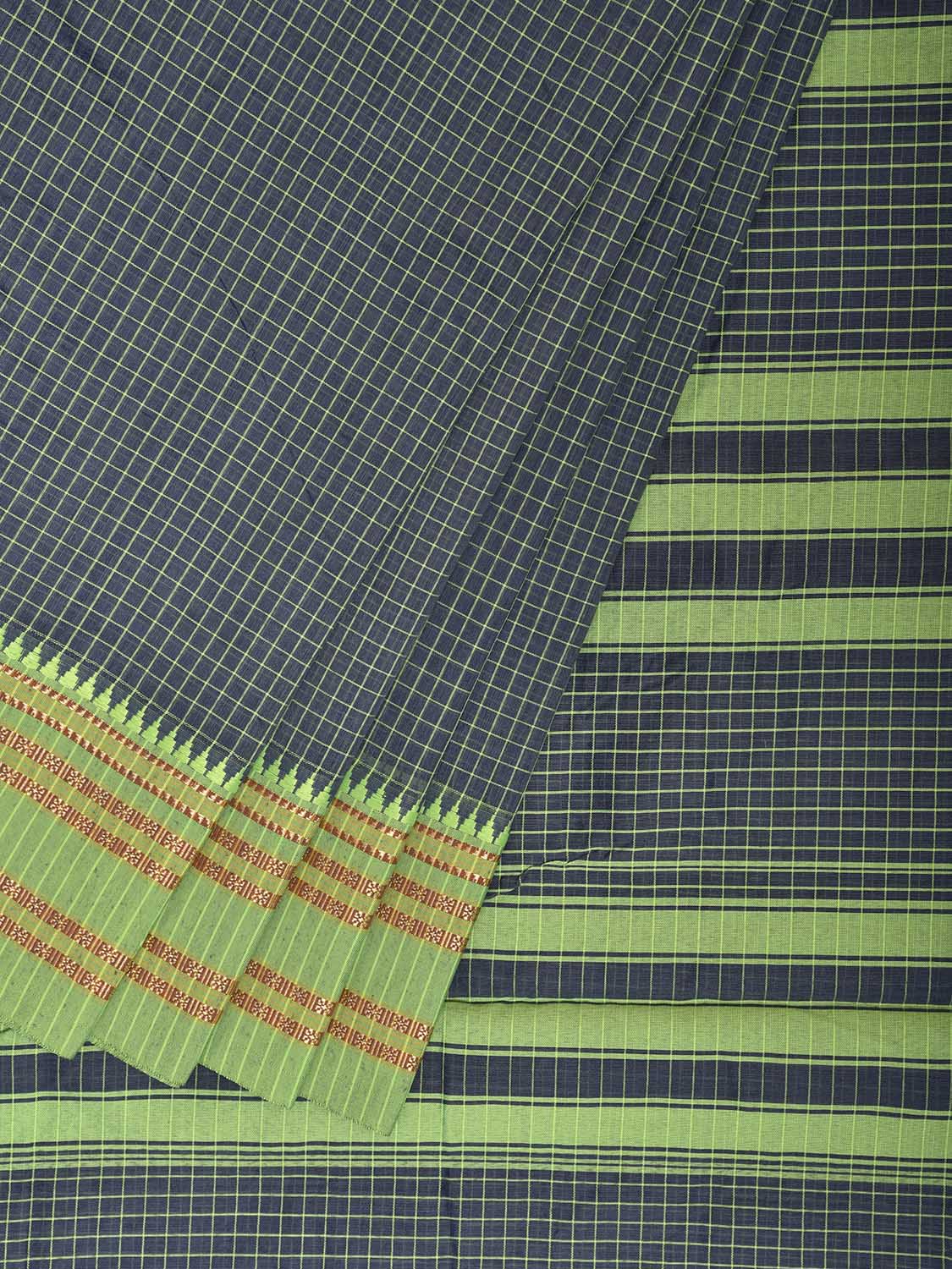Light Teal and Light Green Bamboo Cotton Saree with Checks Design No Blouse bc0954