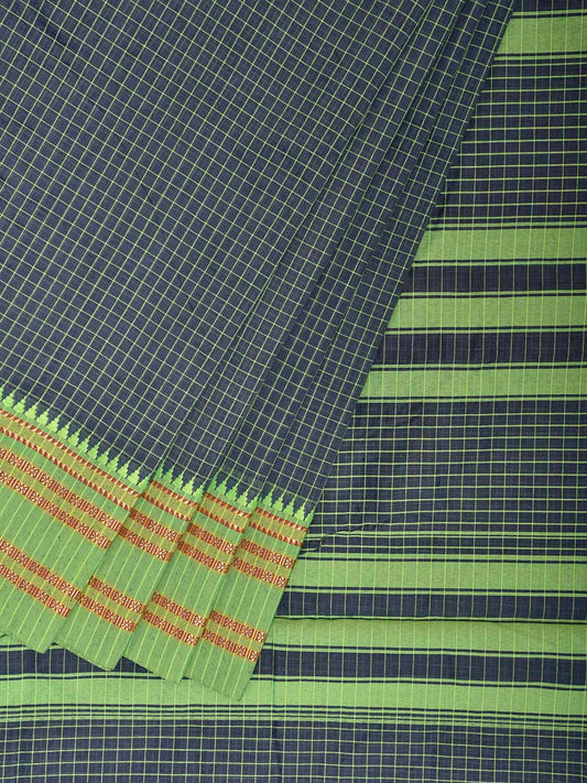 Light Teal and Light Green Bamboo Cotton Saree with Checks Design No Blouse bc0954