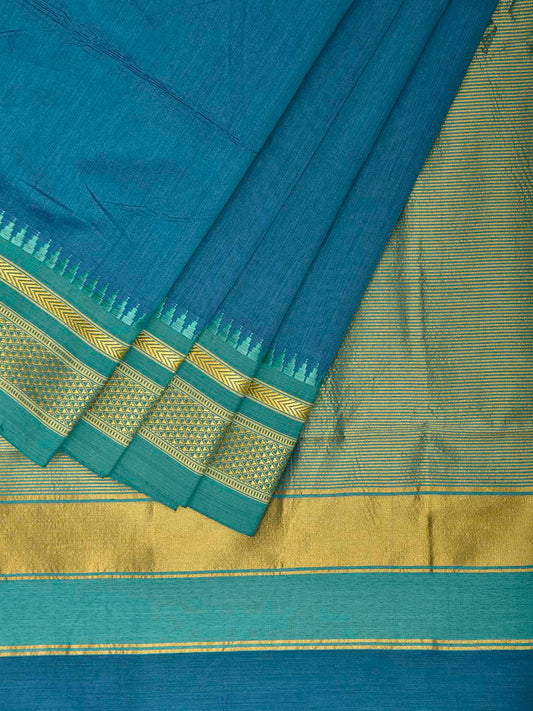 Blue and Green Bamboo Cotton Viscose Silk Plain Saree with Contrast Pallu Design No Blouse bc0959