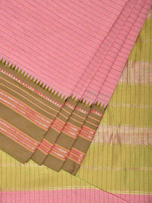 Baby Pink and Green Bamboo Cotton Viscose Silk Plain Saree with Checks Design No Blouse bc0960