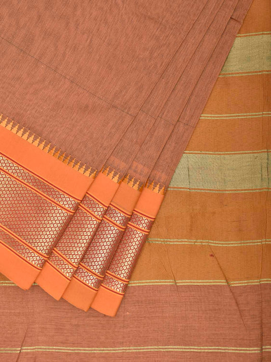 Fawn and Orange Bamboo Cotton Plain Saree with Contrast Pallu Design No Blouse bc0962