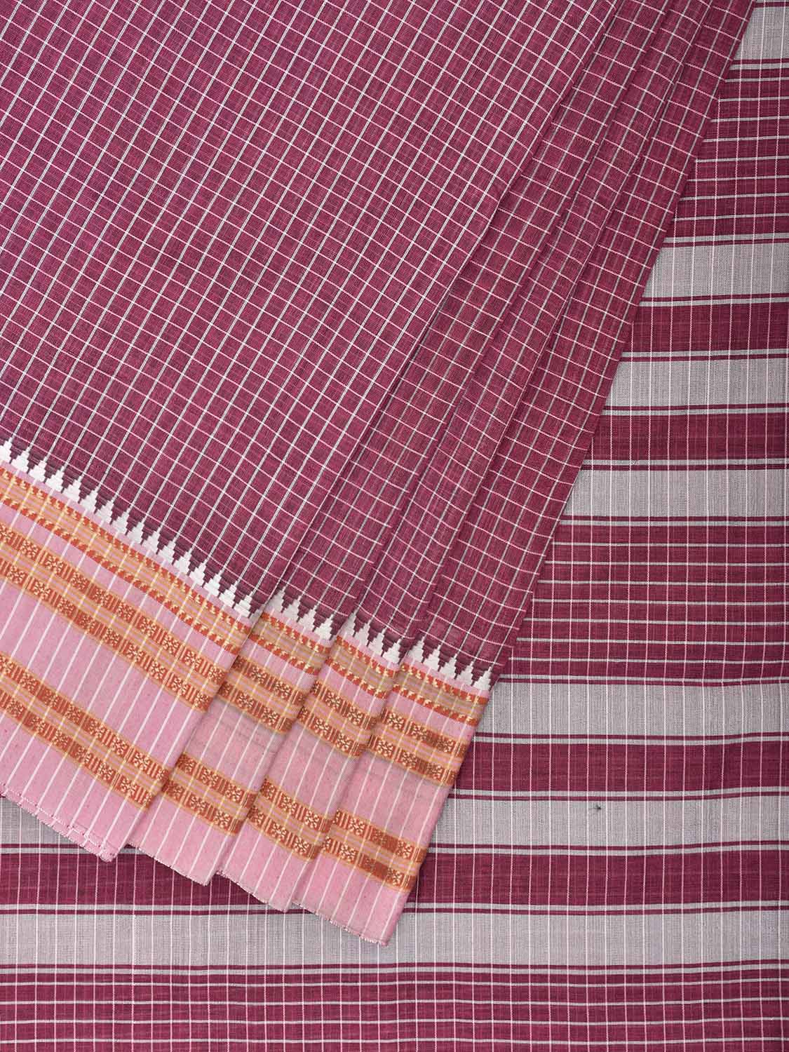 Magenta and White Bamboo Cotton Saree with Checks Design No Blouse bc0963