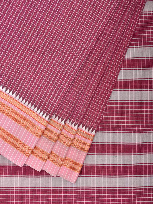 Magenta and White Bamboo Cotton Saree with Checks Design No Blouse bc0963