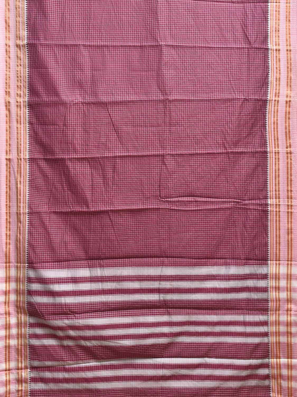 Magenta and White Bamboo Cotton Saree with Checks Design No Blouse bc0963