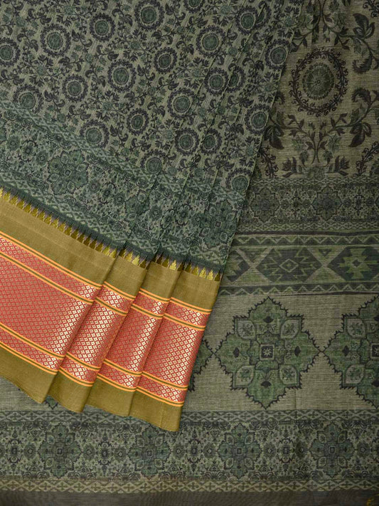 Green and Olive Bamboo Cotton Saree with Digital Print Design bc0965