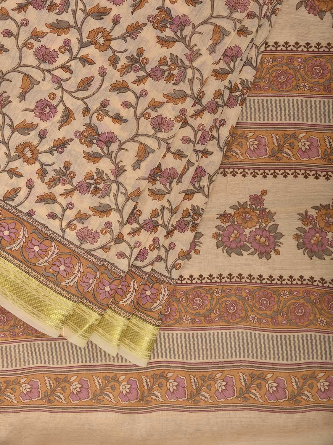 Cream Bamboo Cotton Saree with Floral Digital Print Design bc0967