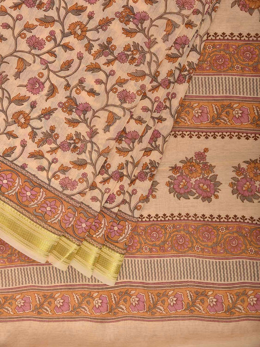 Cream Bamboo Cotton Saree with Floral Digital Print Design bc0967