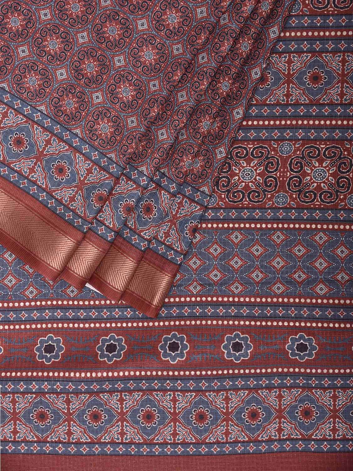 Blue and Rust Bamboo Cotton Saree with Digital Print Design bc0968