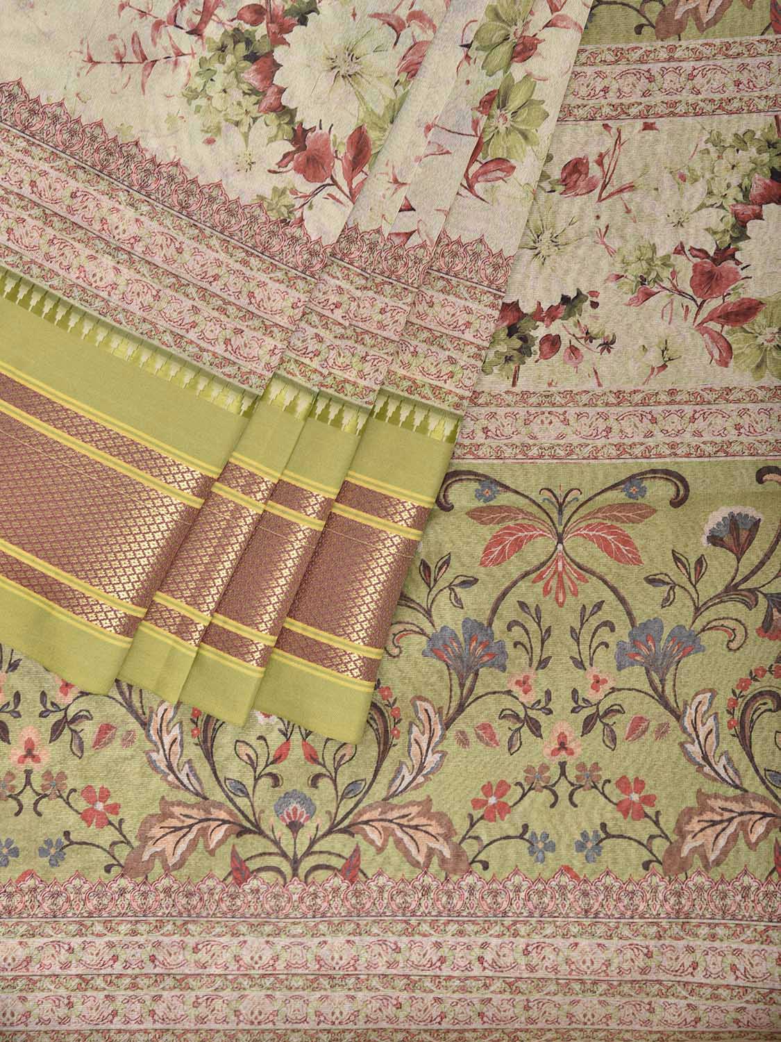 Light Green Bamboo Cotton Saree with Floral Digital Print Design bc0970