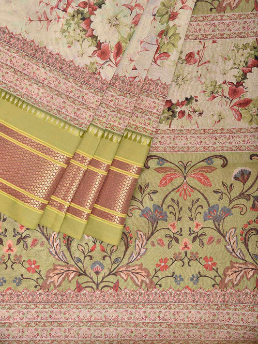 Light Green Bamboo Cotton Saree with Floral Digital Print Design bc0970