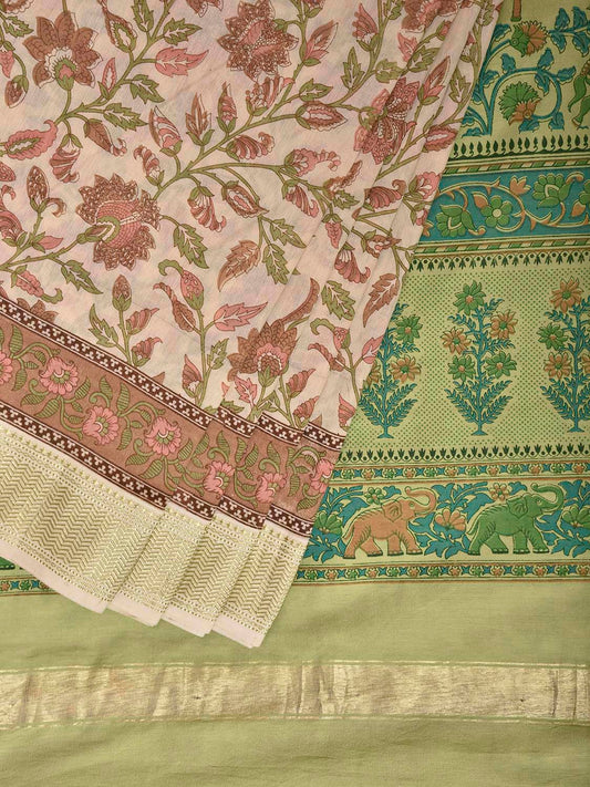 Cream and Light Green Bamboo Cotton Saree with Floral Digital Print Design bc0972