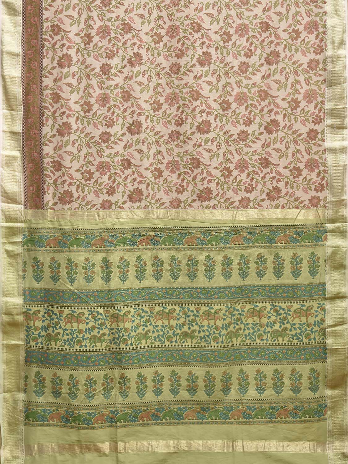 Cream and Light Green Bamboo Cotton Saree with Floral Digital Print Design bc0972