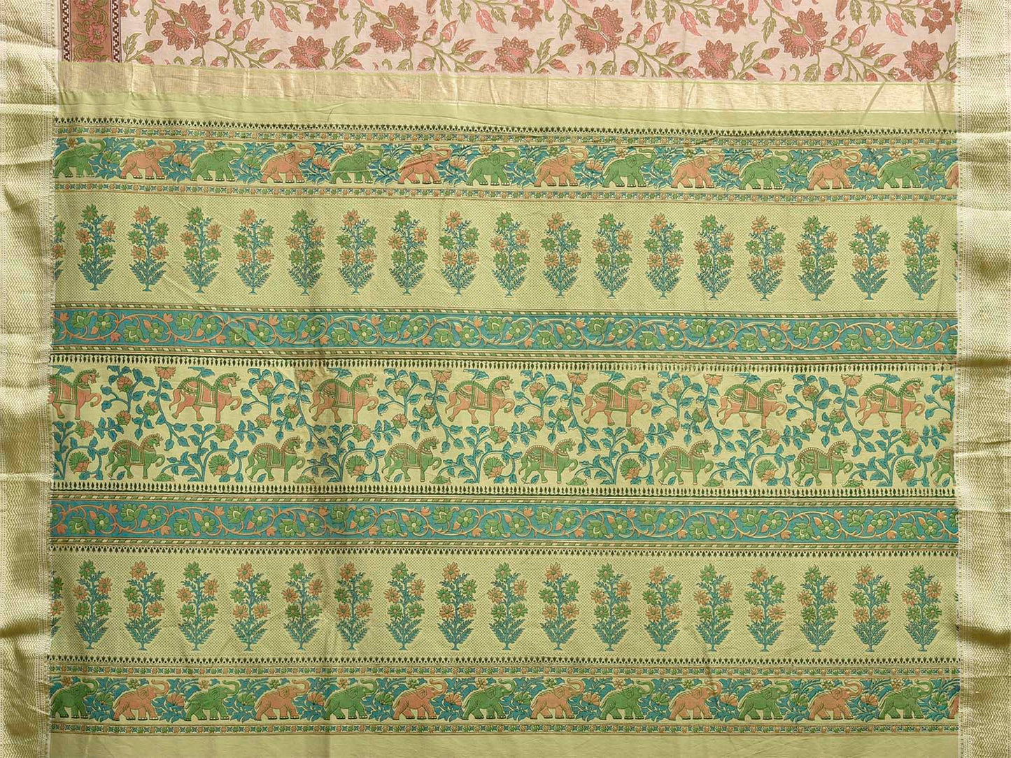 Cream and Light Green Bamboo Cotton Saree with Floral Digital Print Design bc0972