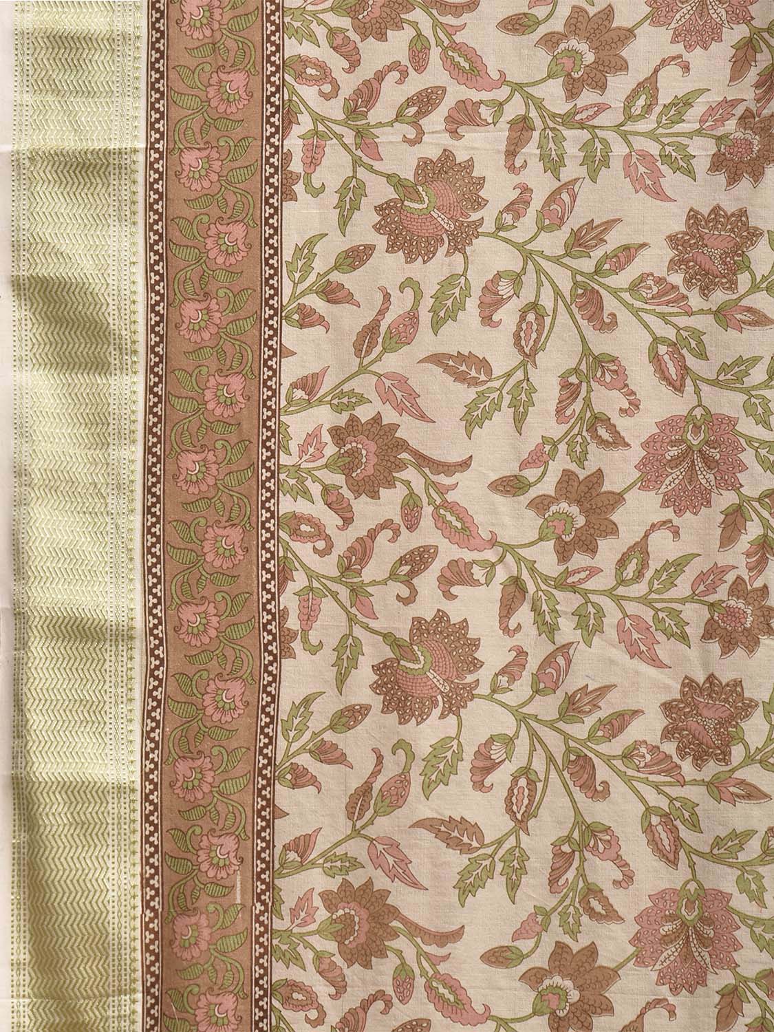 Cream and Light Green Bamboo Cotton Saree with Floral Digital Print Design bc0972