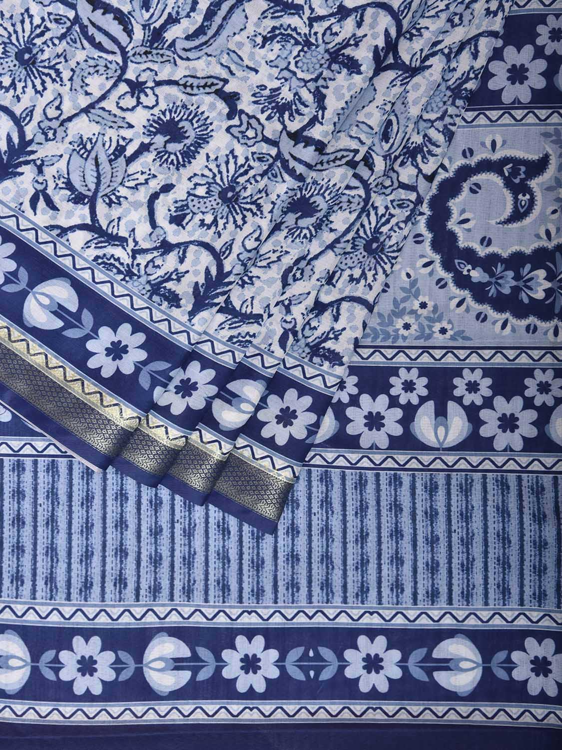 Dark Blue Bamboo Cotton Saree with Floral Digital Print Design bc0973