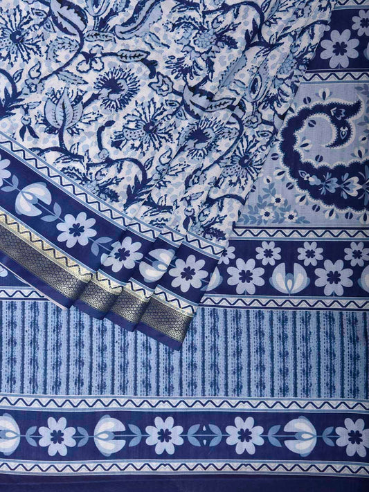 Dark Blue Bamboo Cotton Saree with Floral Digital Print Design bc0973