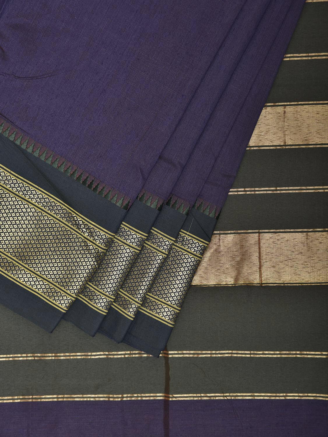 Dark Indigo and Green Bamboo Cotton Plain Saree with Contrast Pallu Design No Blouse b0977